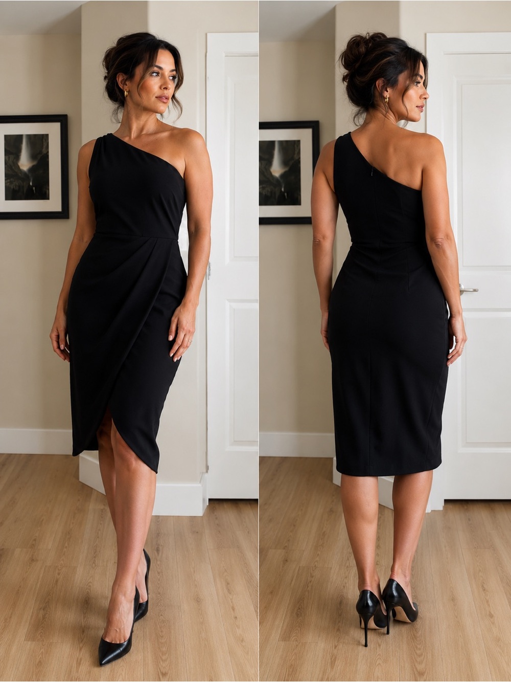 Love By Design One-Shoulder Black Wrap Sheath Dress